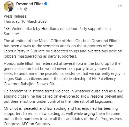 "Senseless" — Desmond Elliot condemns attack on Labour Party's Olumide Oworu