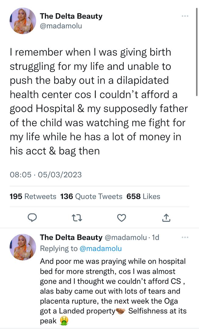 Woman narrates struggle giving birth at low-budget hospital, resents husband for buying land a week after