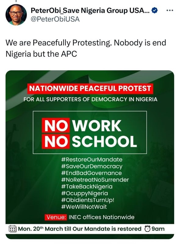 Peter Obi dissociates self from Obidient's #EndINEC protest, accuses opposition parties