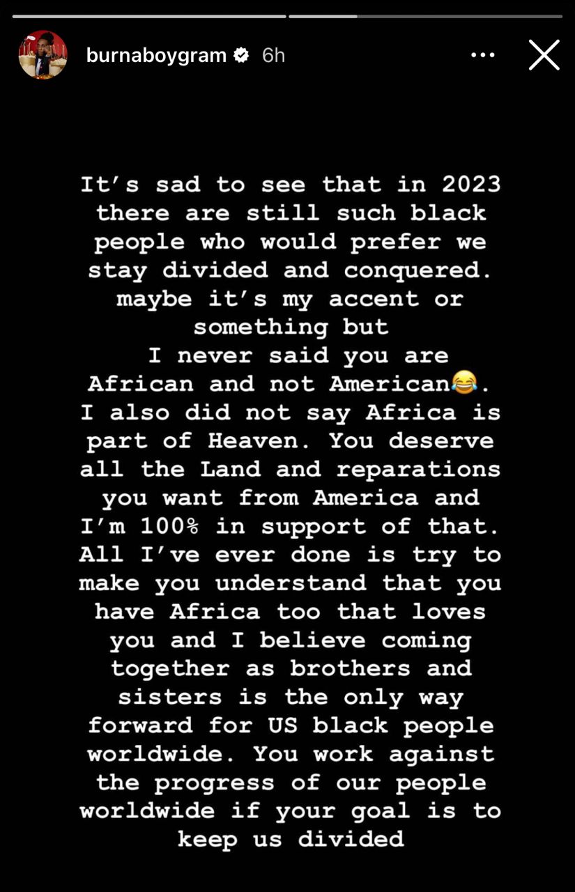 "In 2023 there are still black people who would prefer we stay divided" — Burna Boy rants