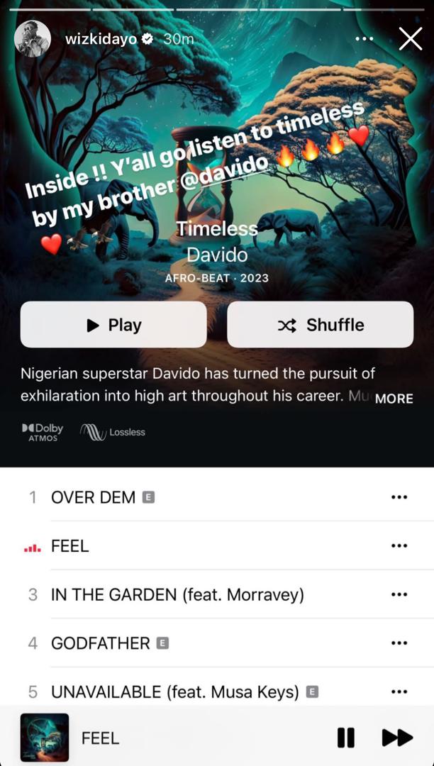 Wizkid shout-outs to Davido following 'Timeless' album release