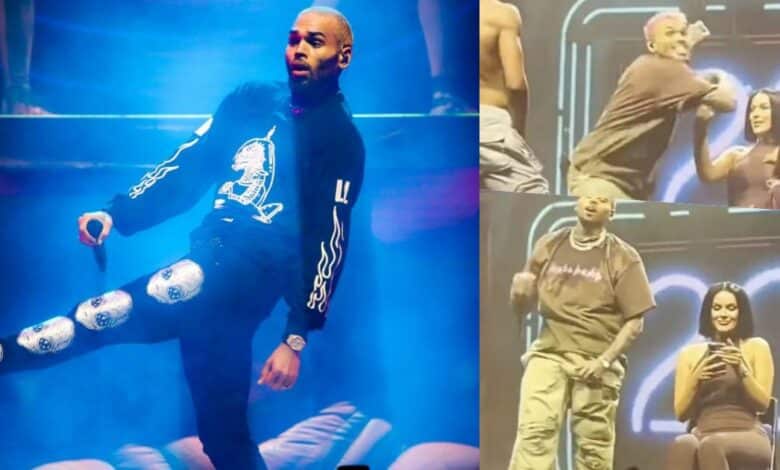 Moment Chris Brown threw fans phone into the crowd for ignoring him while he gave her a lap dance (Video)