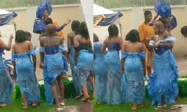 Couple Aso-ebi girls dance rain traditional wedding