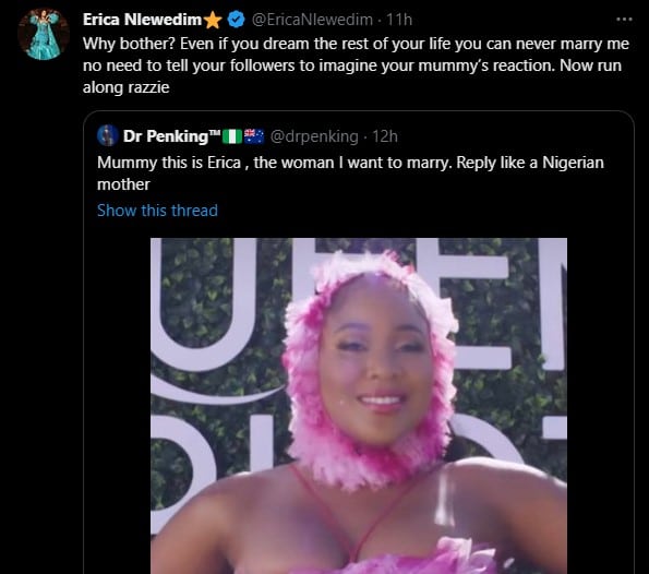 Erica rubbishes doctor who made her outfit marriage topic for Nigerian mothers