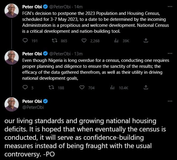 Peter Obi reacts as FG postpones 2023 census