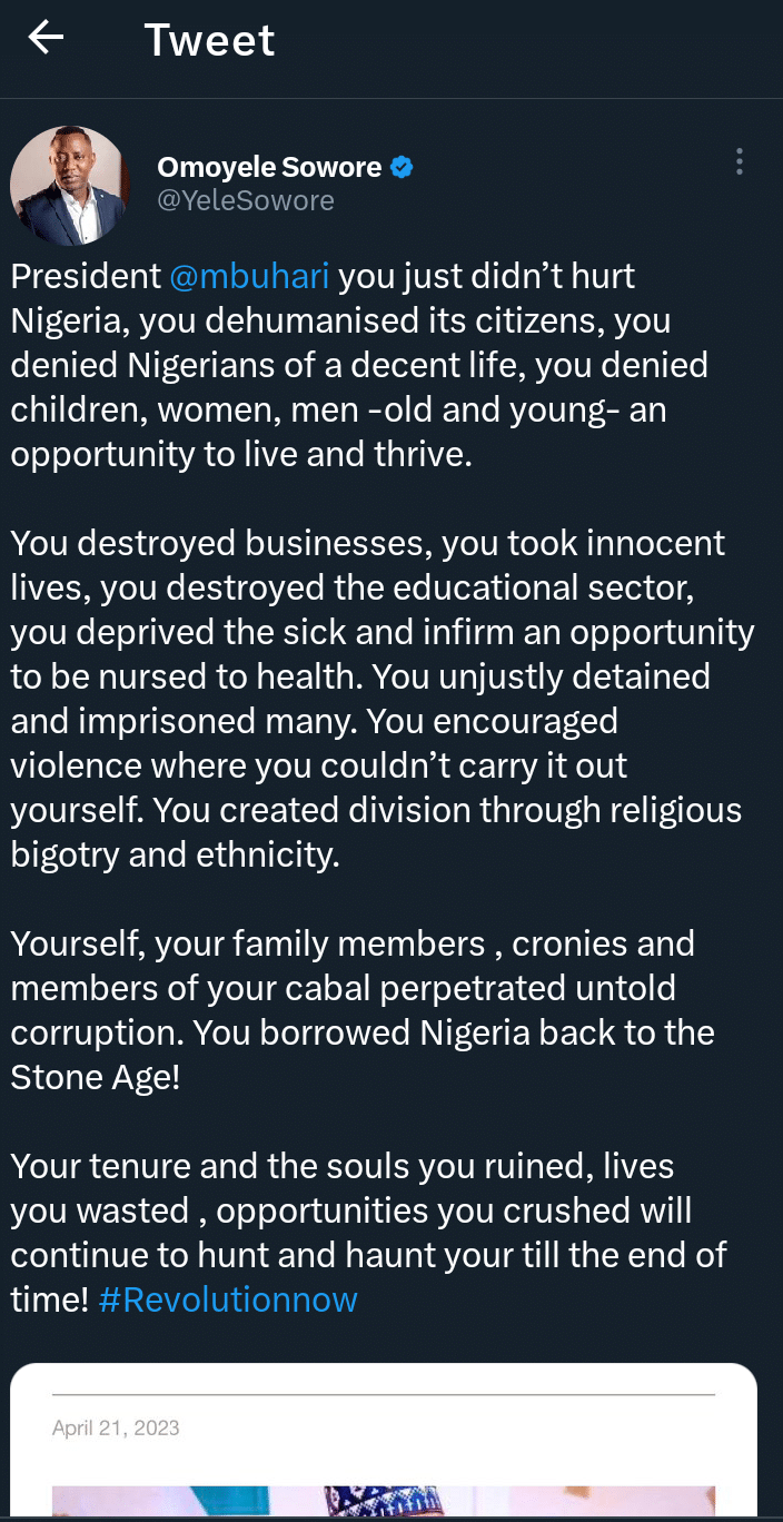 Sowore rejects Buhari's apology, lists reasons why Nigerians cannot forgive him