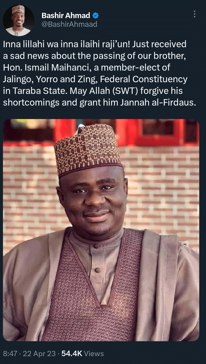 House of Rep member-elect, Ismail Maihanci passes away few weeks to his swearing-in