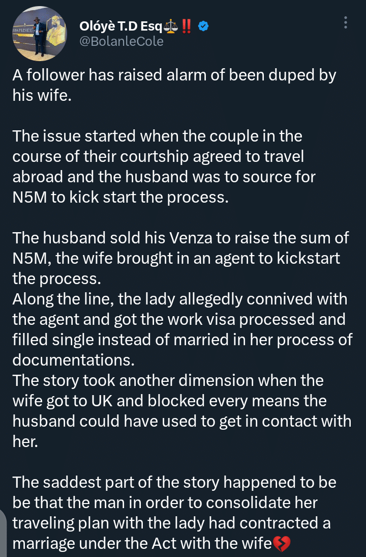 Man duped by his wife and left stranded abroad after selling car for travel funds