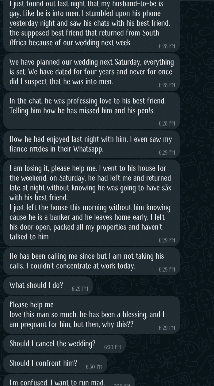 "I just found out my fiancé is gay" - Pregnant lady cries out