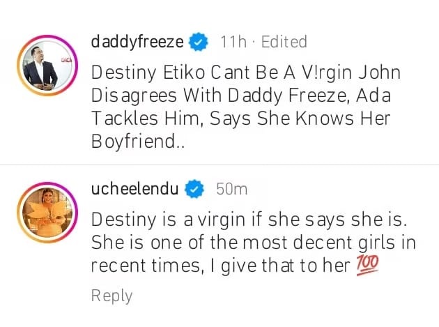 Uche Elendu reacts to virginity claim of Destiny Etiko, serves accolades 