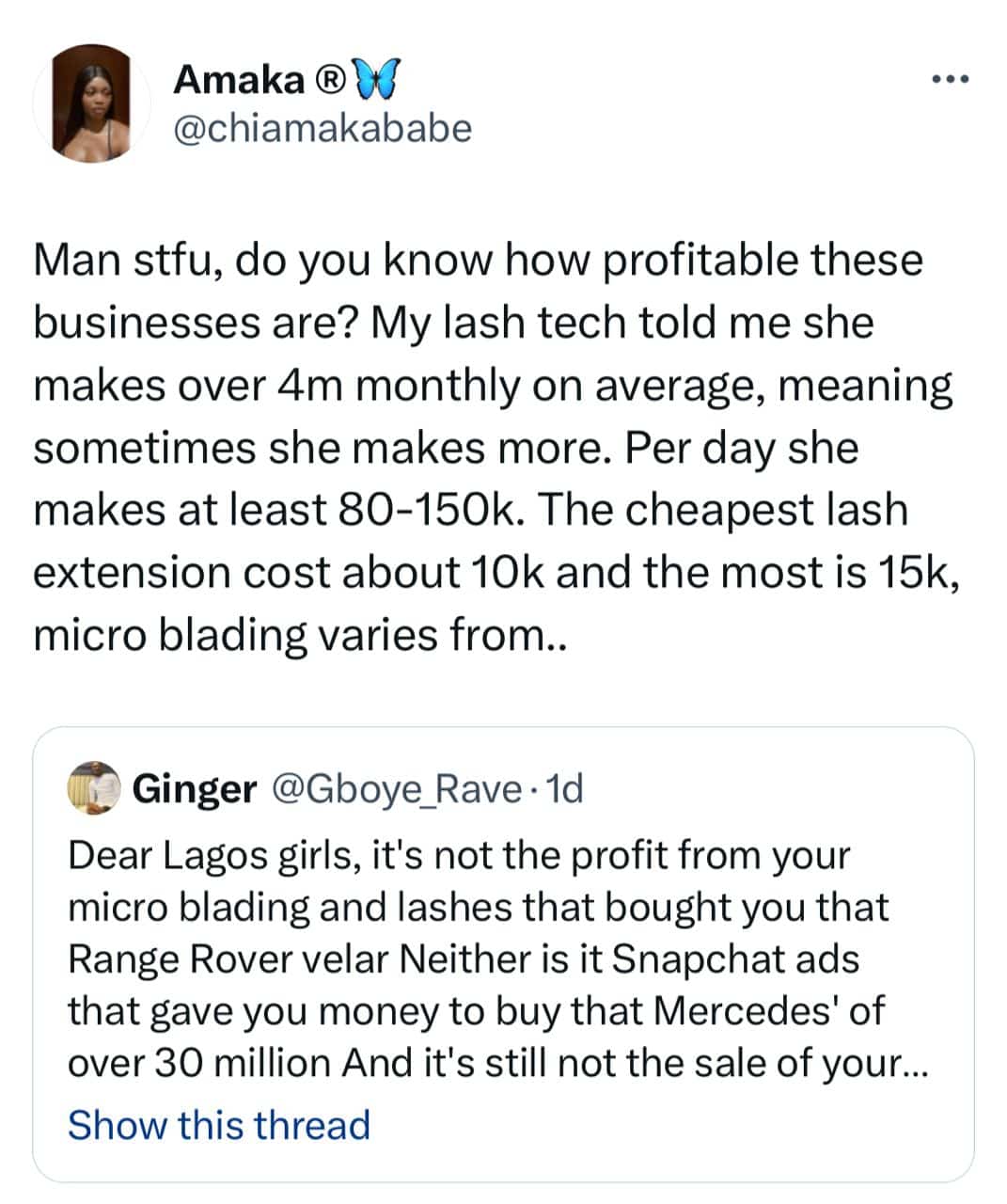 "My nail technician makes N4M monthly" — Lady knocks man who argued profit from lashes can't buy Range Rover