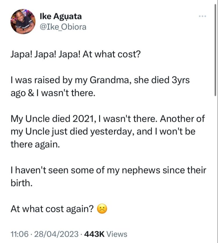 “To Japa is good but at what cost?” – US-based Nigerian man laments