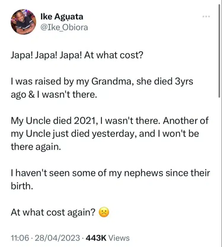 “To Japa is good but at what cost?” – US-based Nigerian man laments