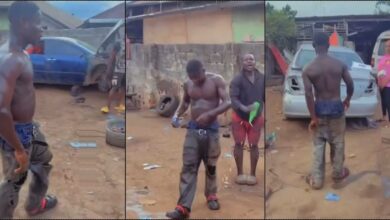 Lady surprises boyfriend who is a mechanic at workshop on his birthday (Video)