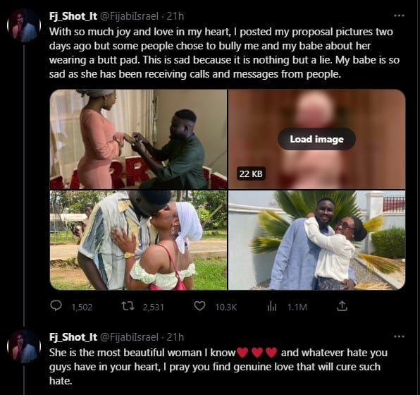"My proposal picture was posted with love but my babe was bullied for wearing butt pad" — Man fumes