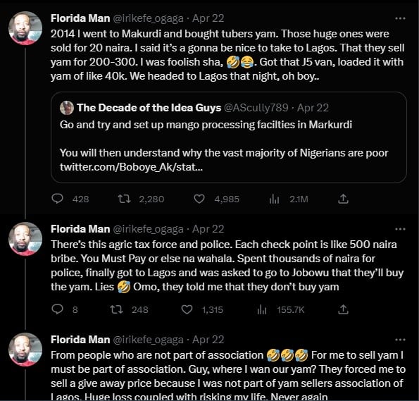 Man narrates bitter experience starting a yam business in Lagos