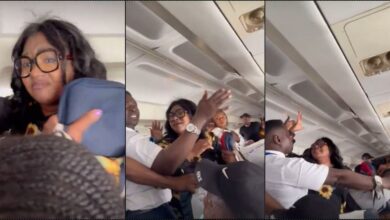 Drama as Nigerian woman fights her way off an aircraft over breathing problems (Video)