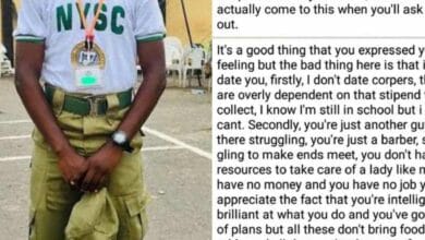 Uni student turns down Youth Corper because he 'doesn’t have resources to take care of girl like her'