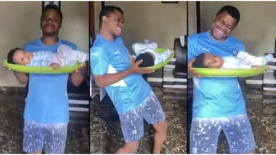 "Never leave babies with their daddies" - Reactions as man puts his baby on serving tray while dancing
