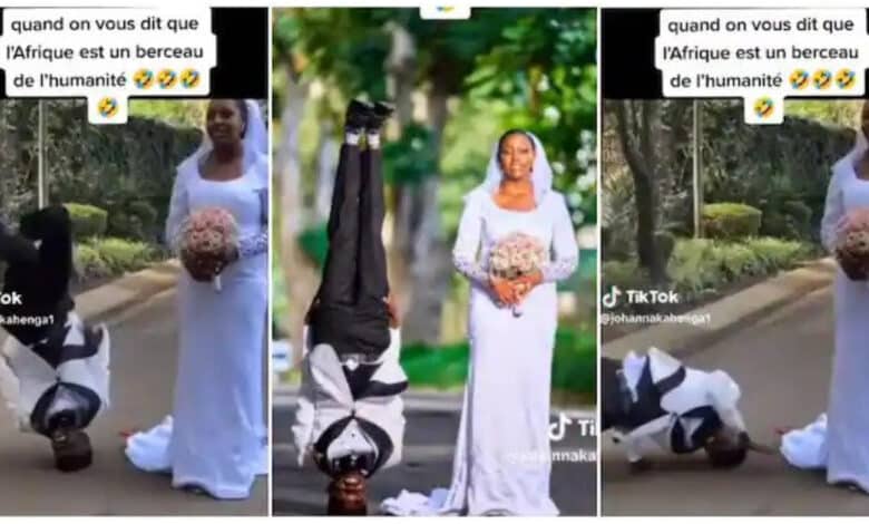 "He's a little boy" - Bride uncomfortable as groom stands on his head for wedding photoshoot