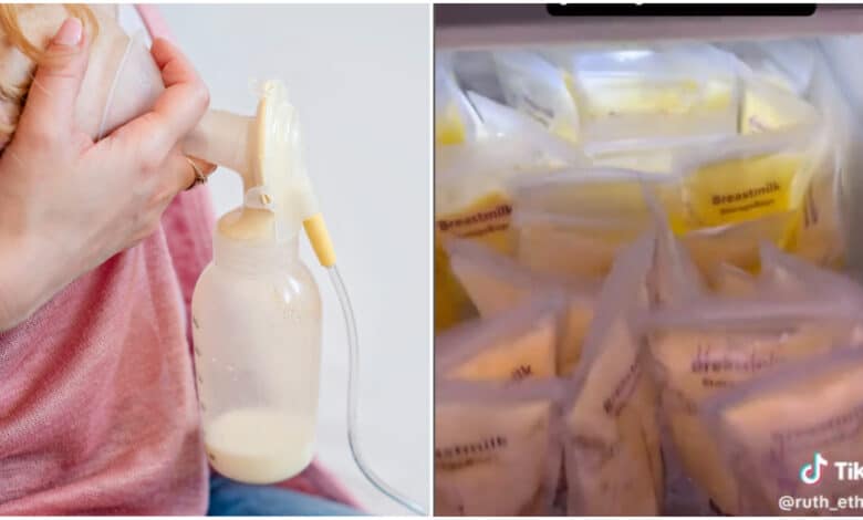 Lady shows off the amount of breast milk she has produced after 3 weeks of birth