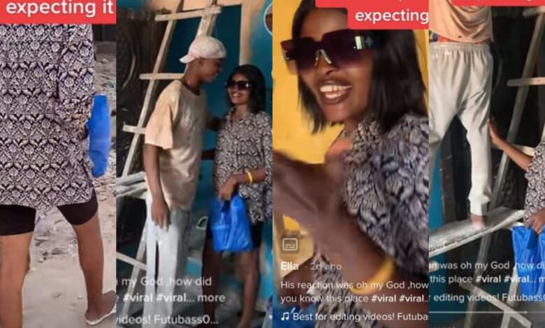 "See love wey I dey find" - Reactions as lady surprises painter boyfriend with food at work