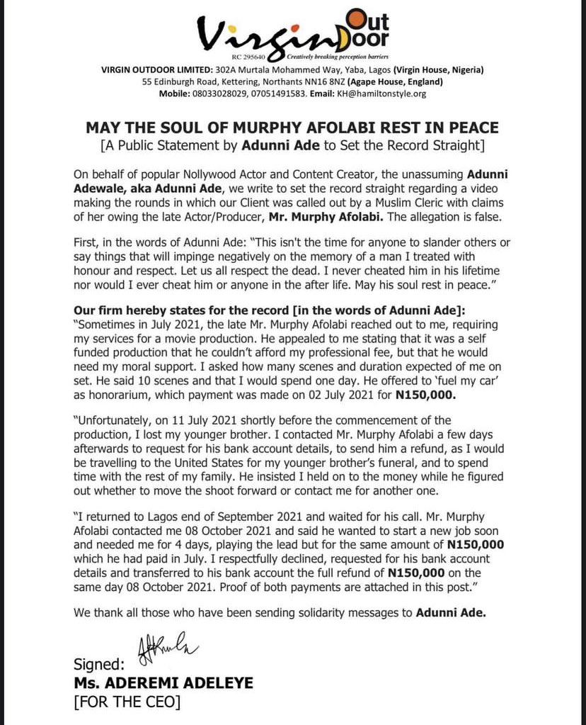 Adunni Ade denies allegations of debt to late Murphy Afolabi, presents evidence of refund (Photos)