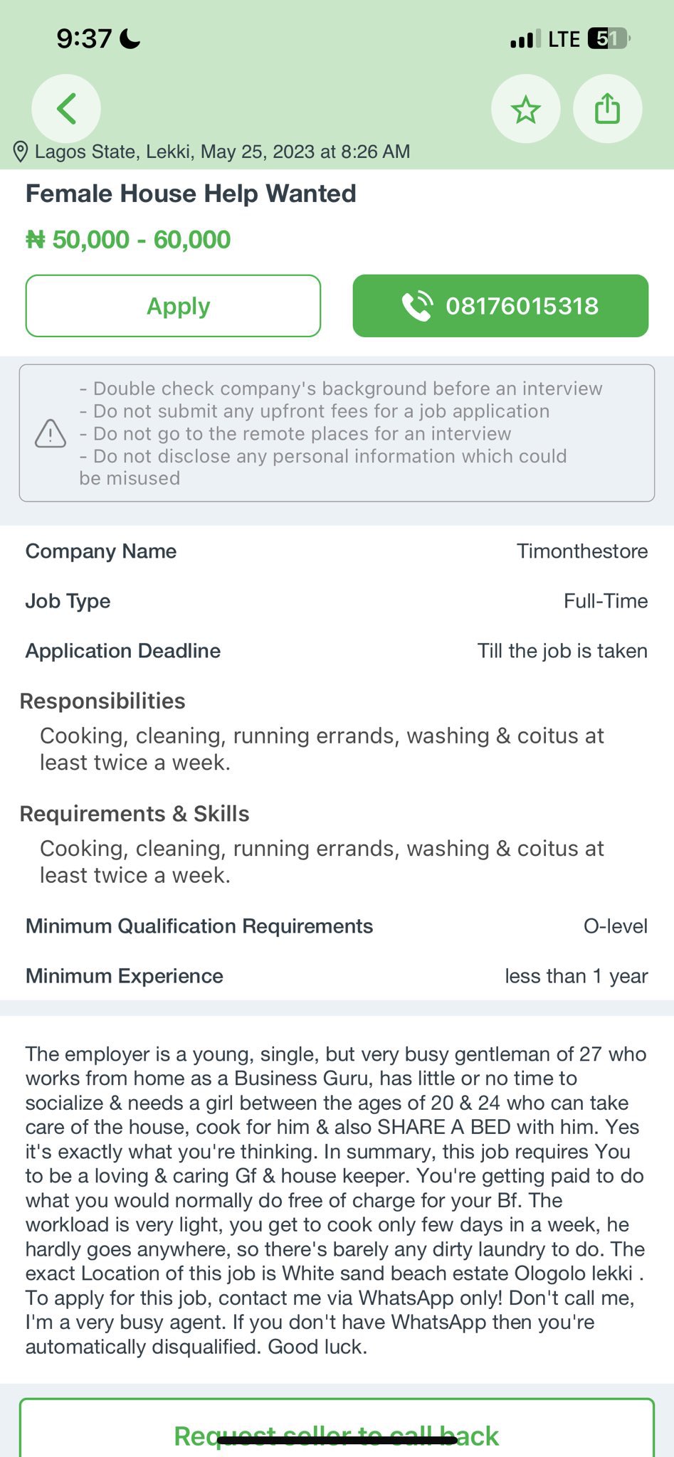 "She must clean and grace my bed"- Rich Nigerian man, 27, displays job vacancy, netizens rant