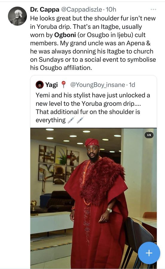 Nigerians allege that the fur Yemi Cregx placed on his agbada signifies he's an Ogboni member