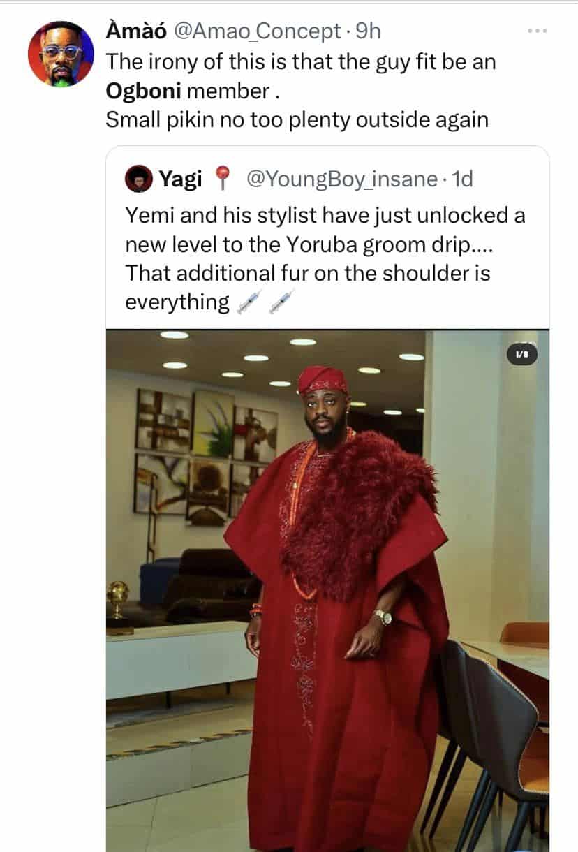 Nigerians allege that the fur Yemi Cregx placed on his agbada signifies he's an Ogboni member