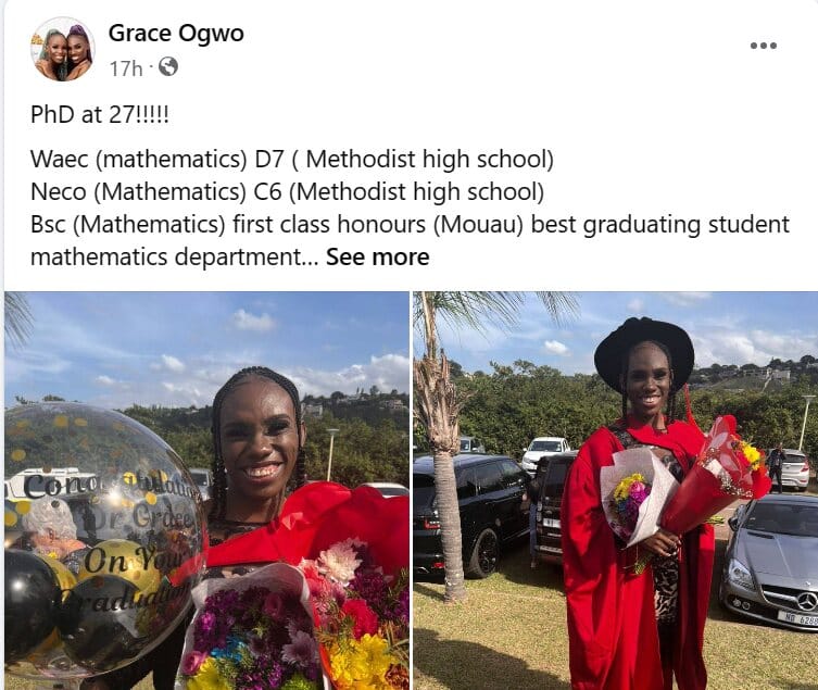 Nigerian lady celebrates bagging a PhD in Mathematics at 27
