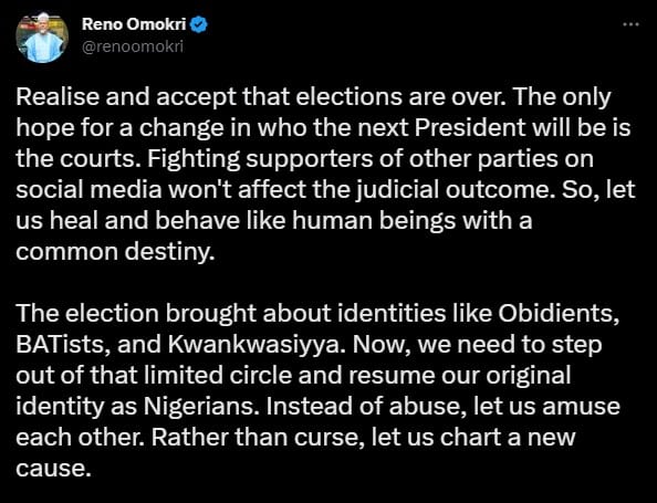 "Fighting on social media can't change court verdicts " — Reno Omokri to opposition parties