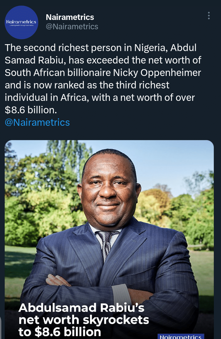 Abdul Samad Rabiu's networth skyrockets, become the 3rd richest man in Africa