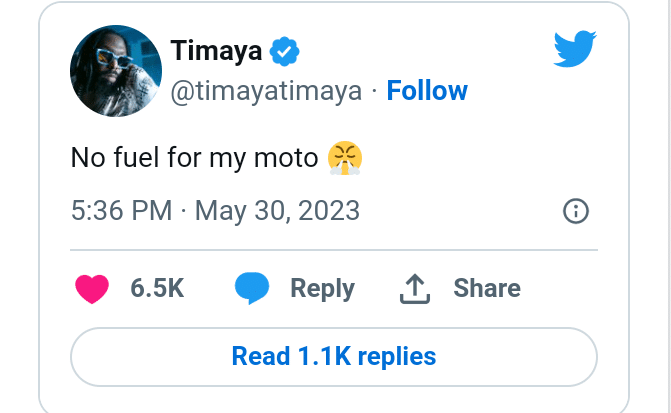 "Use the N10m APC paid you" - Nigerians tackle Timaya as he laments over petrol scarcity