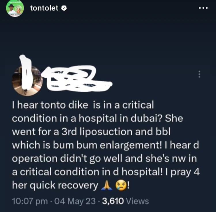 Tonto Dikeh breaks silence amidst rumours of going through BBL complications