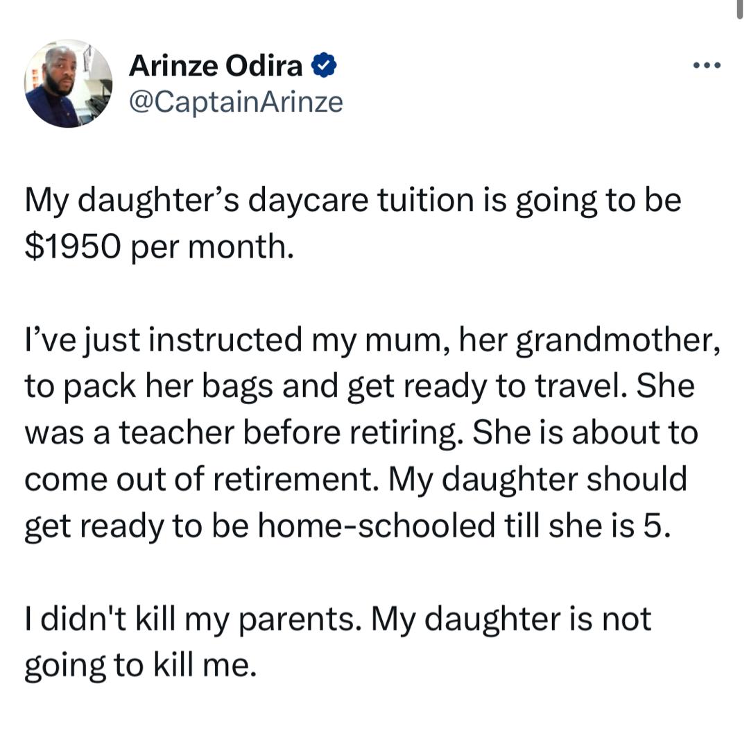 Abroad-based Nigerian laments as daughter set to pay $1950 for daycare monthly 