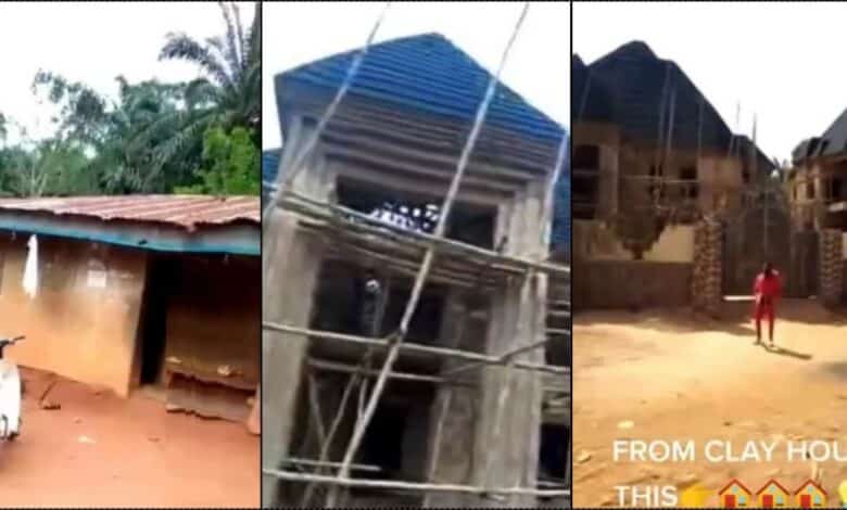 Nigerian man upgrades father’s mud house to twin duplex (Video)