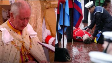 Flagbearer slumps during coronation of King Charles