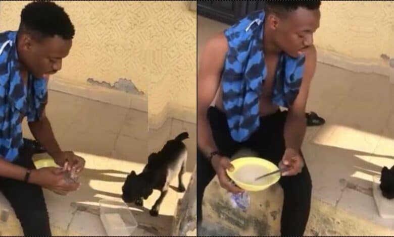 Struggling man appreciates his dog for being understanding and drinking 'garri' with him (Video)