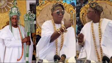 Oniba of Iba Ekun stirs reactions as he rocks gold jewelries worth millions of naira (Video)