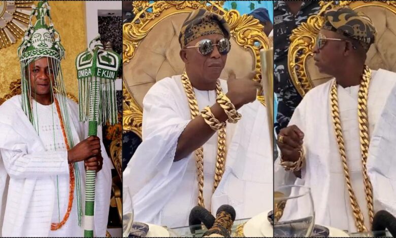 Oniba of Iba Ekun stirs reactions as he rocks gold jewelries worth millions of naira (Video)