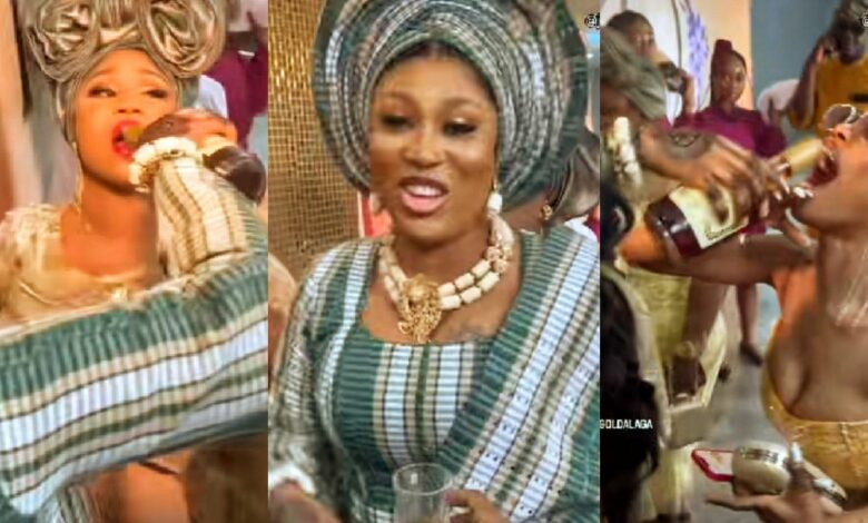 "Your vibes must match with the alaga"- Nigerian bride pours alcohol in all her Asoebi girls mouths (video)