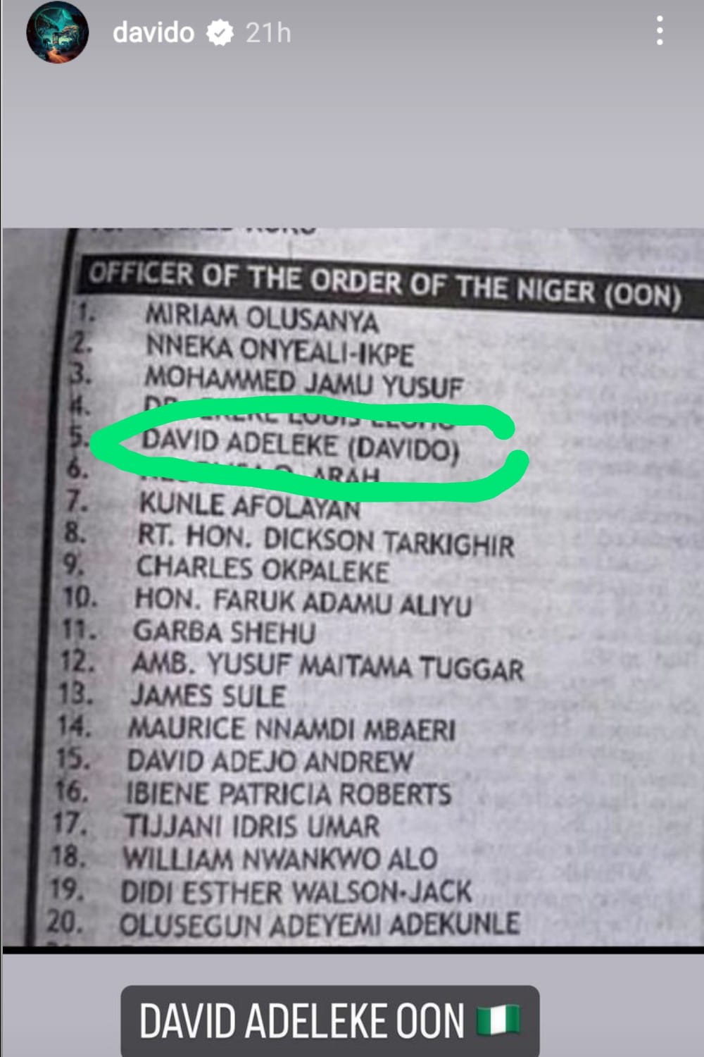 Davido accorded Officer of the Order of the Niger (OON)