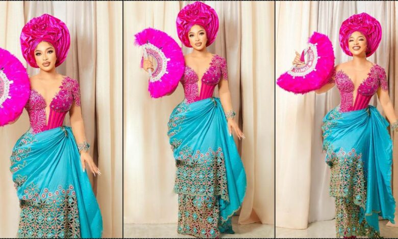 Fans gush as Tonto Dikeh shows off ageless beauty in asoebi style