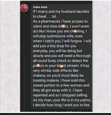 "If I marry and my husband cheats, I have access to slow killer poison" - Pharmacist say