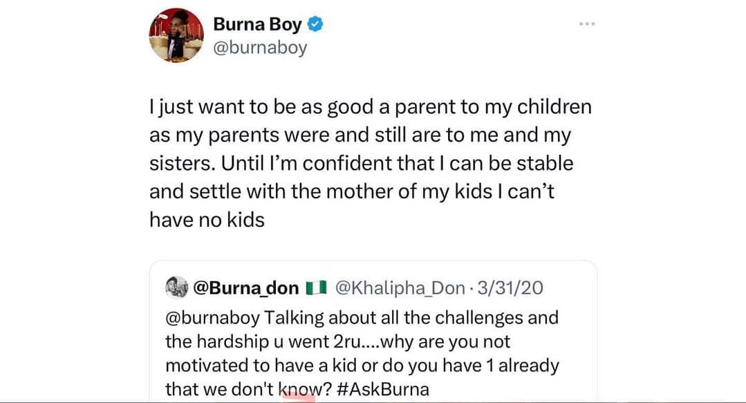 Fans dig out old tweet of Burna Boy disclosing why he doesn't have baby mamas amidst Davido's scandal