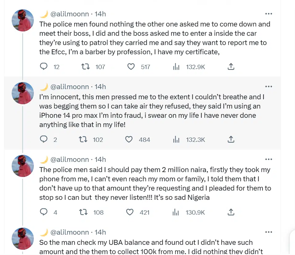 Barber calls out police officers who extorted him of N100k at Second Rainbow