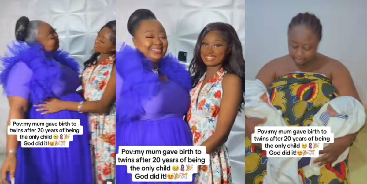 Lady celebrates as her mom gives birth to twins after 20 years of being the only child