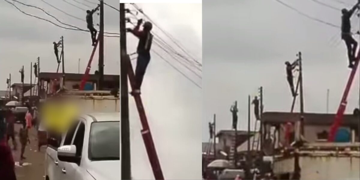 "Na NEPA-A-Thon?" – Residents panic over number of PHCN officials working on electricity pole at once (Video)
