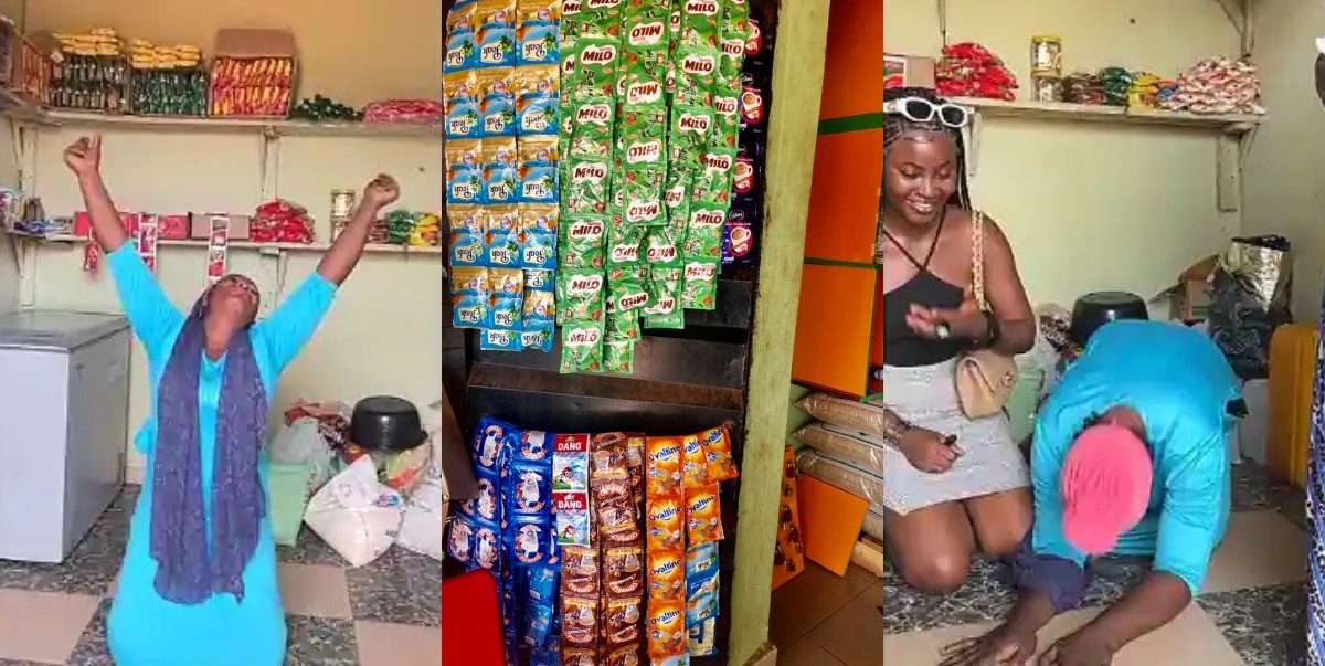 Lady cries as good Samaritan gifts her provision store filled with goods